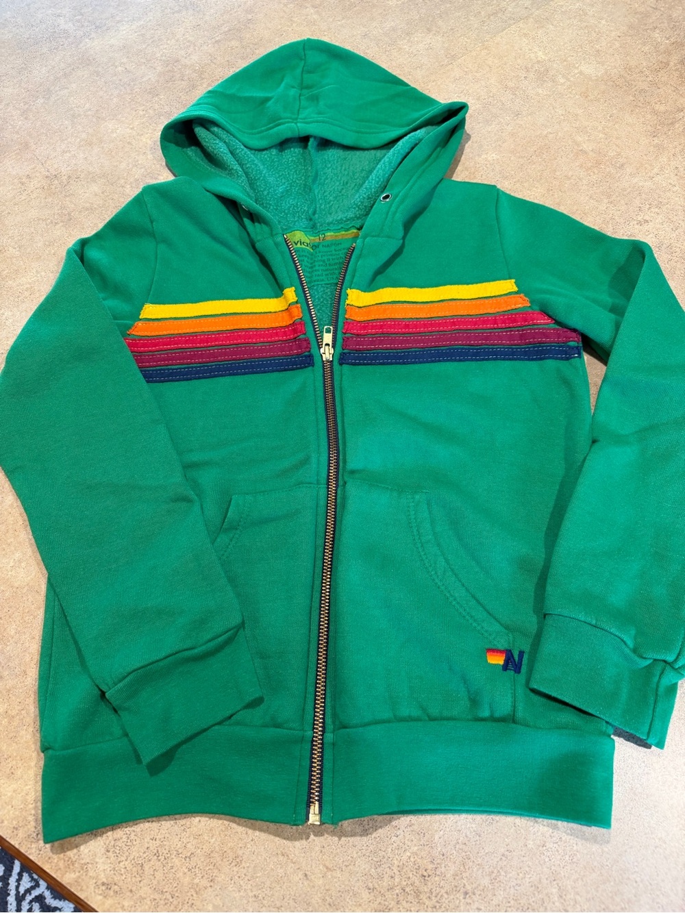 Aviator Nation Green Hoodie with Rainbow Chest Stripes